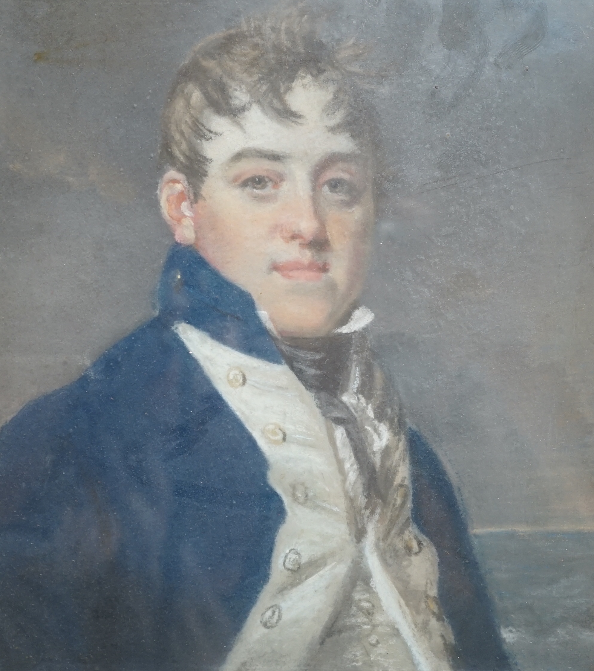 After John Raphael Smith (1751-1812), pastel, Portrait of a Naval Midshipman in uniform, details and partial stamp verso, 23cm x 19cm